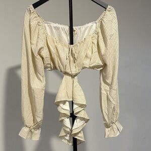 Peach Love California Cream Checkered Ruffle Blouse